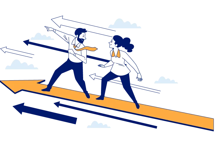 Illustration of two people moving forward on rising arrows, with clouds and direction arrows