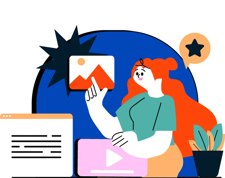 Illustration of a designer showing an image inside a browser window, with a video player and a star