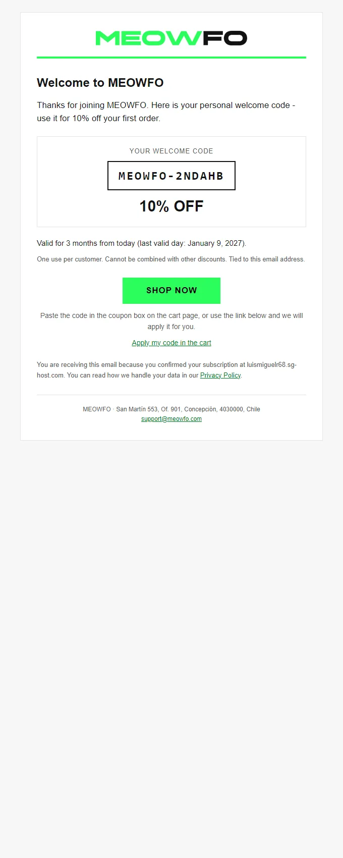 Correo de bienvenida con el código del cupón personal del 10 %